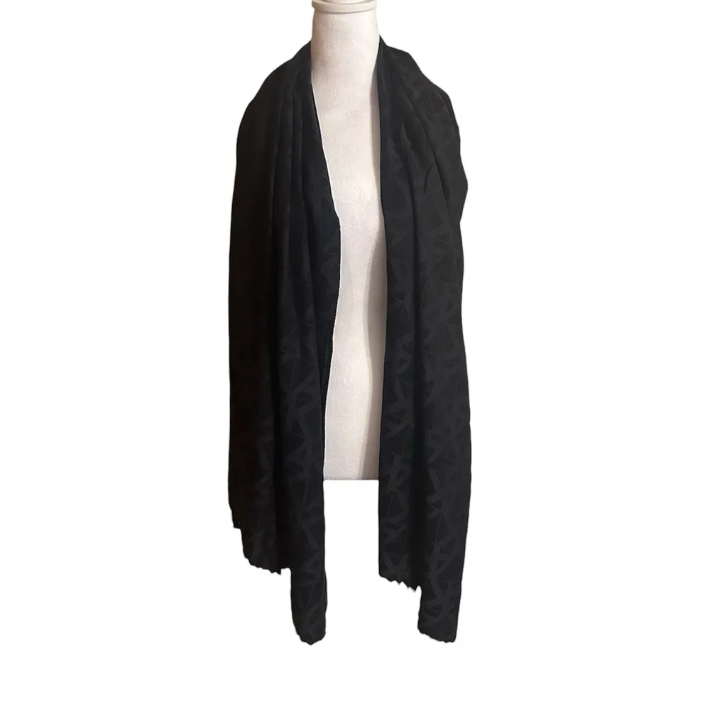 Anne Klein Black Logo Jacquard Fringe Scarf Wrap
